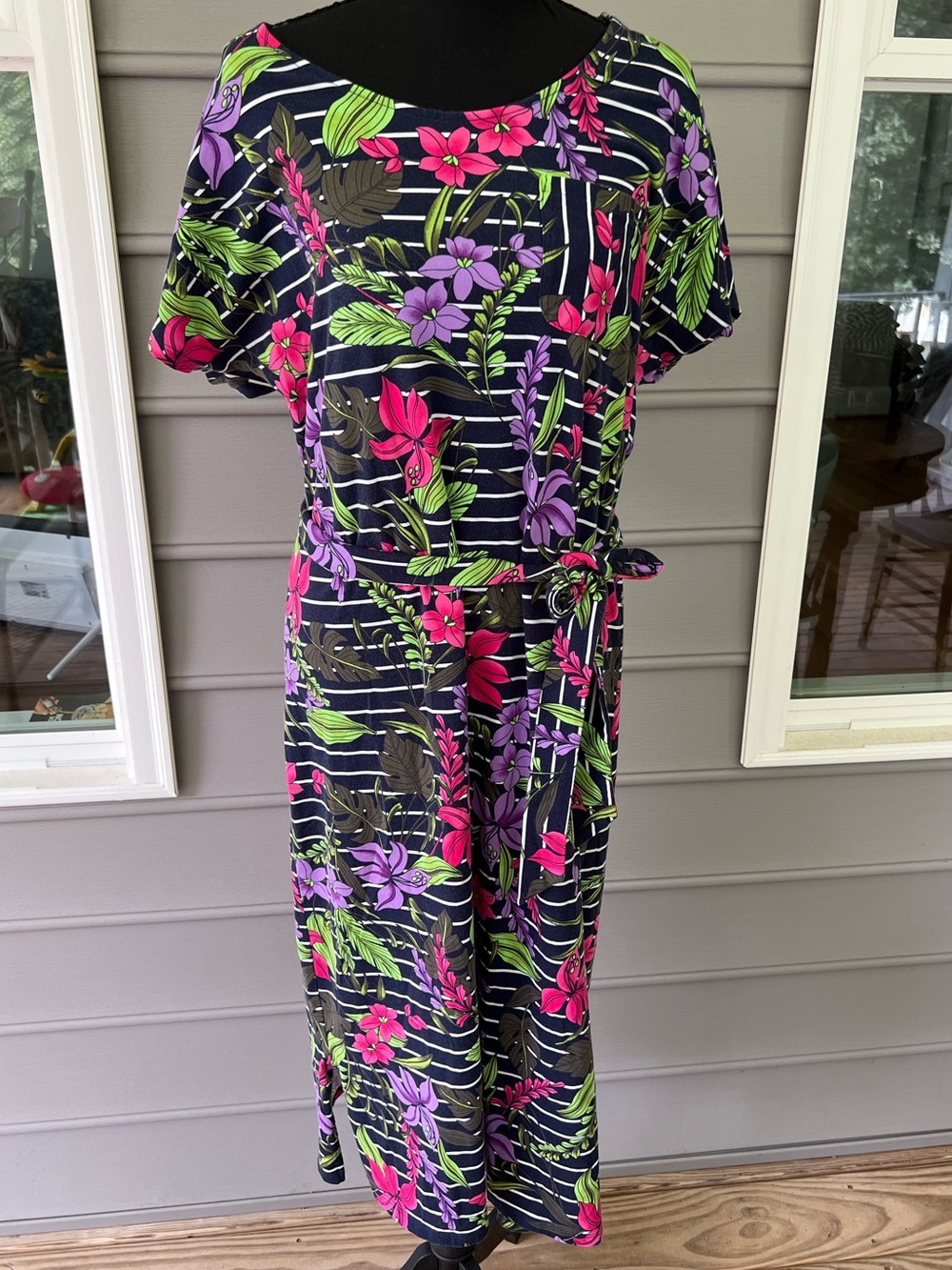 Lands' End Dress Floral Stripe Midi Cap Sleeve Belted Navy Pink M 10-12